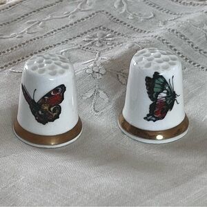 VINTAGE SANDFORD FINE BONE CHINA BUTTERFLY THIMBLE SET GOLD TRIM MADE IN ENGLAND